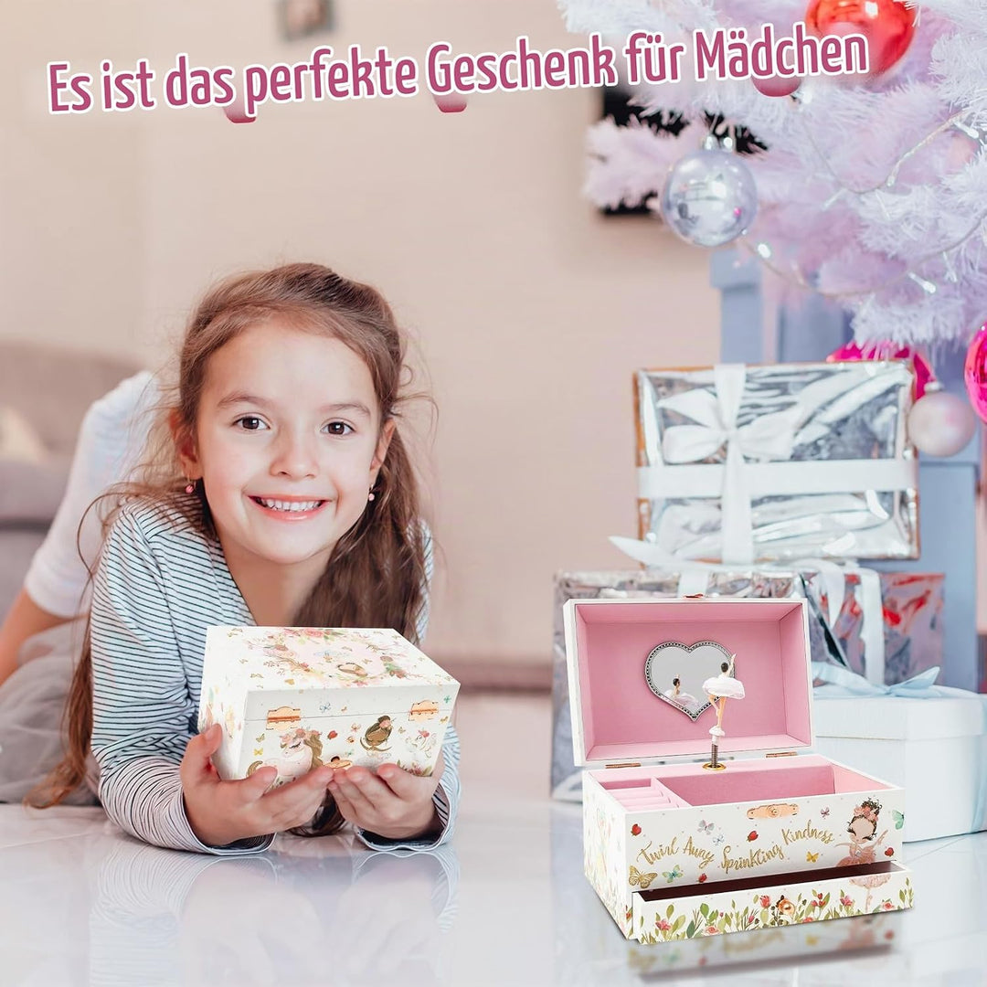 Musikalisches Schmuckkästchen Kinder Spieluhr mit Drehendem Einhorn Ballettmädchen Spiegel Schublade
