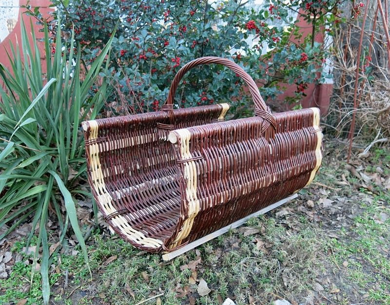 Kaminholzkorb aus brauner Weide, nicht geschält, ovaler Kaminholzkorb (60 x 48 cm, H: 35/48 cm, brau
