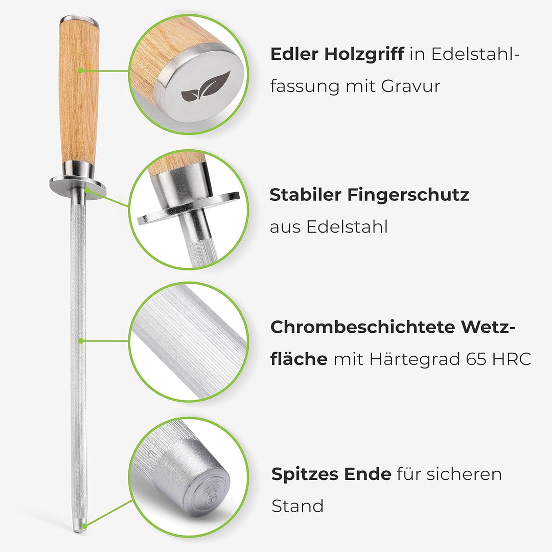 NEU: Greenable ® Premium Wetzstahl – Messerschärfer aus gehärtetem Stahl mit Holzgriff – Geeignet fü