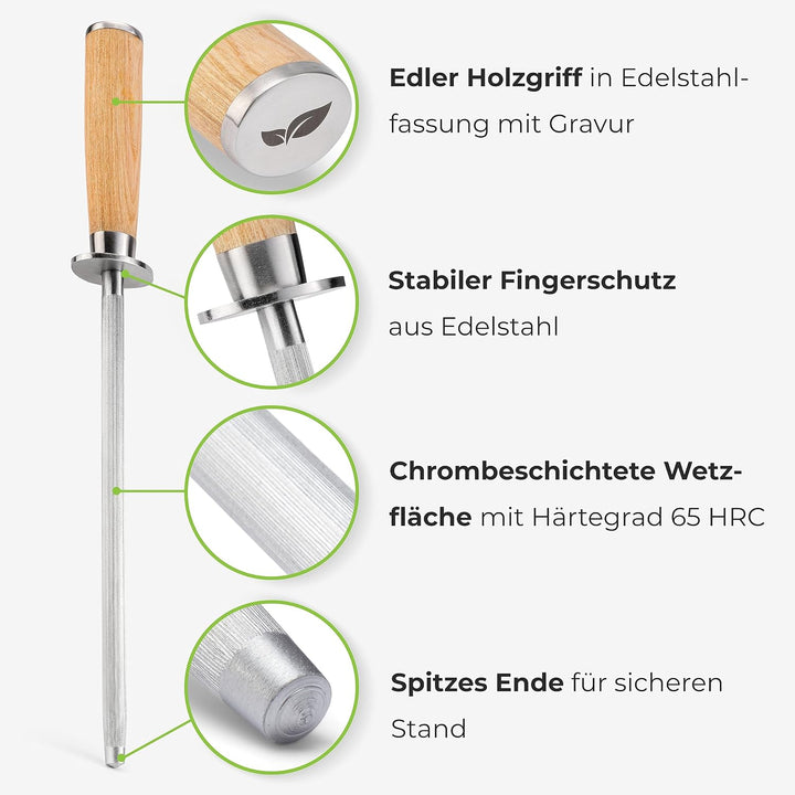 NEU: Greenable ® Premium Wetzstahl – Messerschärfer aus gehärtetem Stahl mit Holzgriff – Geeignet fü