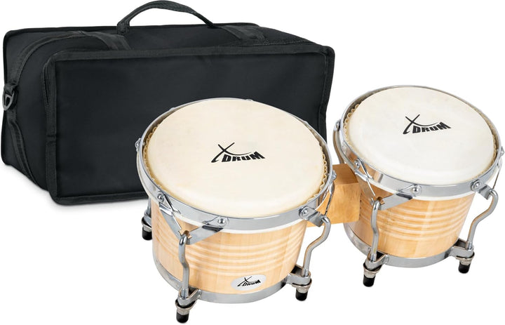 XDrum Bongos Pro Natur - 2 Trommeln mit 6,5" (17 cm) und 7,5" (20 cm) Durchmesser - Bongotrommeln mi