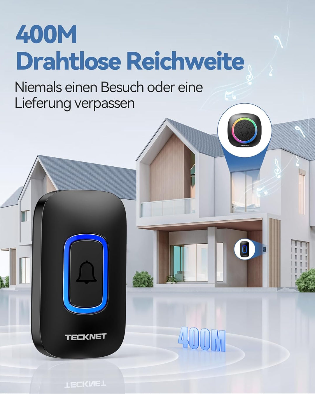 TECKNET Funkklingel, 400M Funk Reichweite Türklingel Set mit RGB Licht, IP66 Aussen Wasserdicht Haus