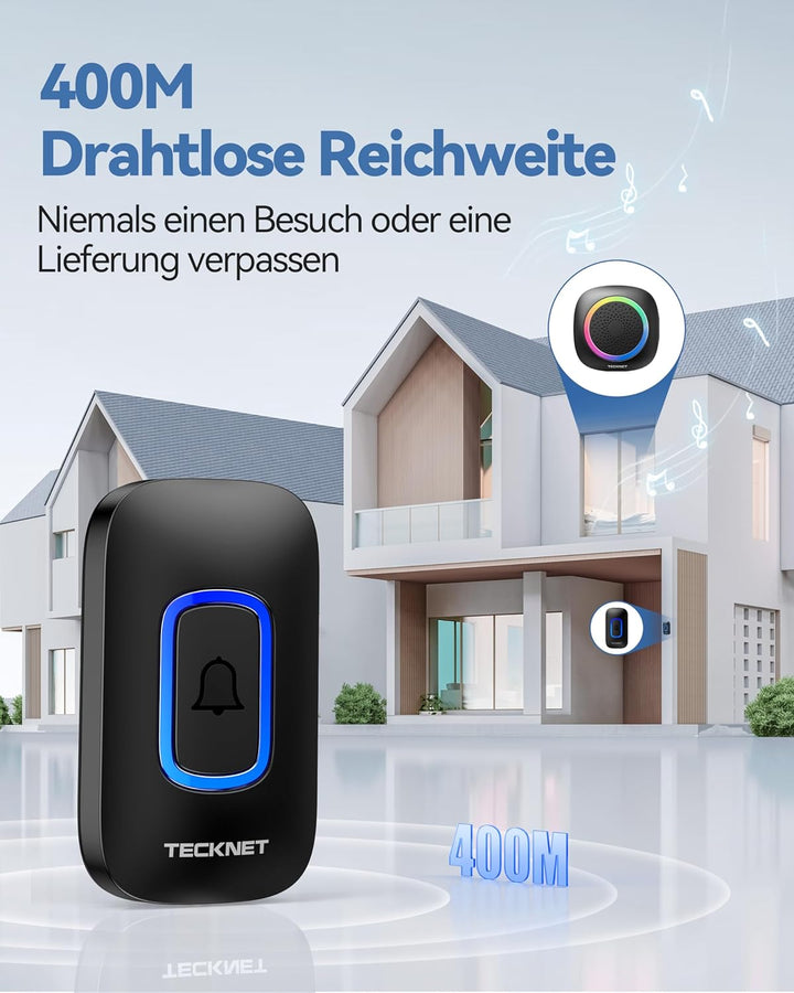 TECKNET Funkklingel, 400M Funk Reichweite Türklingel Set mit RGB Licht, IP66 Aussen Wasserdicht Haus