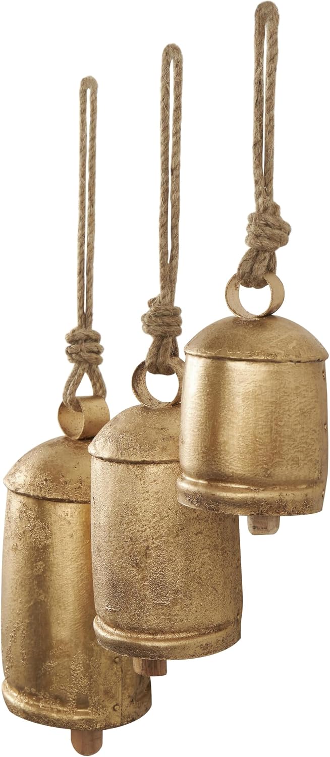 Deco 79 Dekorative Kuhglocken im tibetischen Stil aus Metall mit Jute-Hängeseil, 3er-Set, 25,4 cm, 2