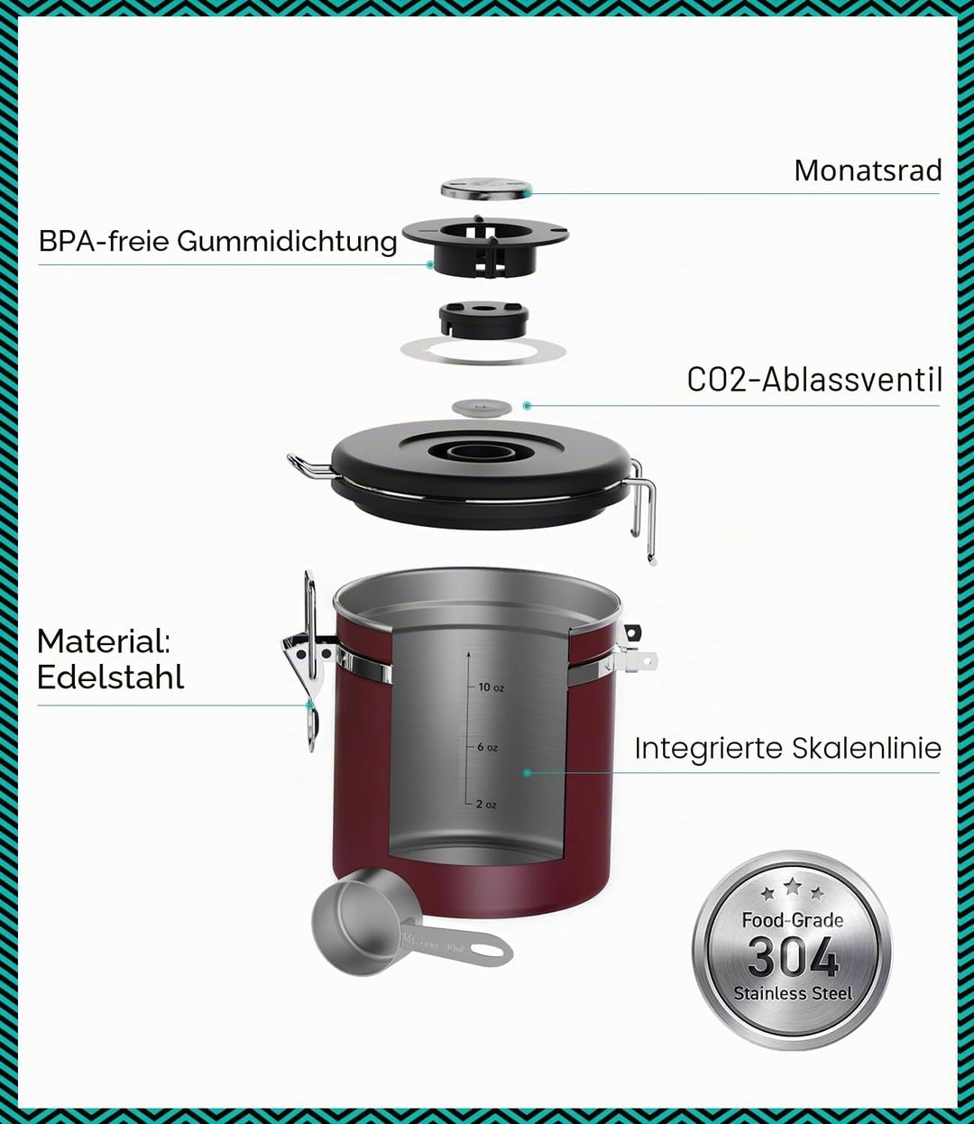 Coffee Gator Kaffeedose Edelstahl, Luftdicht Vorratsdose mit Deckel, Datum Tracker, CO2-Freigabevent