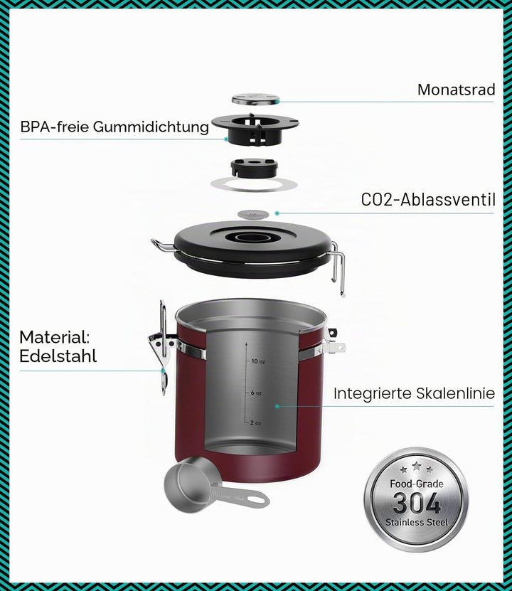 Coffee Gator Kaffeedose Edelstahl, Luftdicht Vorratsdose mit Deckel, Datum Tracker, CO2-Freigabevent