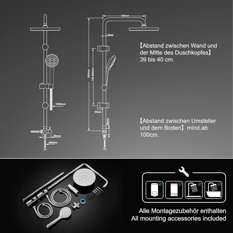 JOHO Edelstahl Duschsystem Duschset Duschstange Regenduschset mit ABS Kopfbrause D23cm ABS YT-D23cm