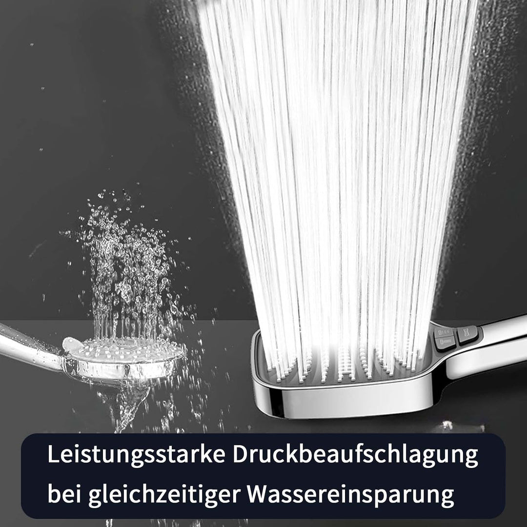 Verchromter Duschkopf mit Schlauch und Wandhalterung – 4-Tasten Handbrause mit 8 Strahlarten, Glänze