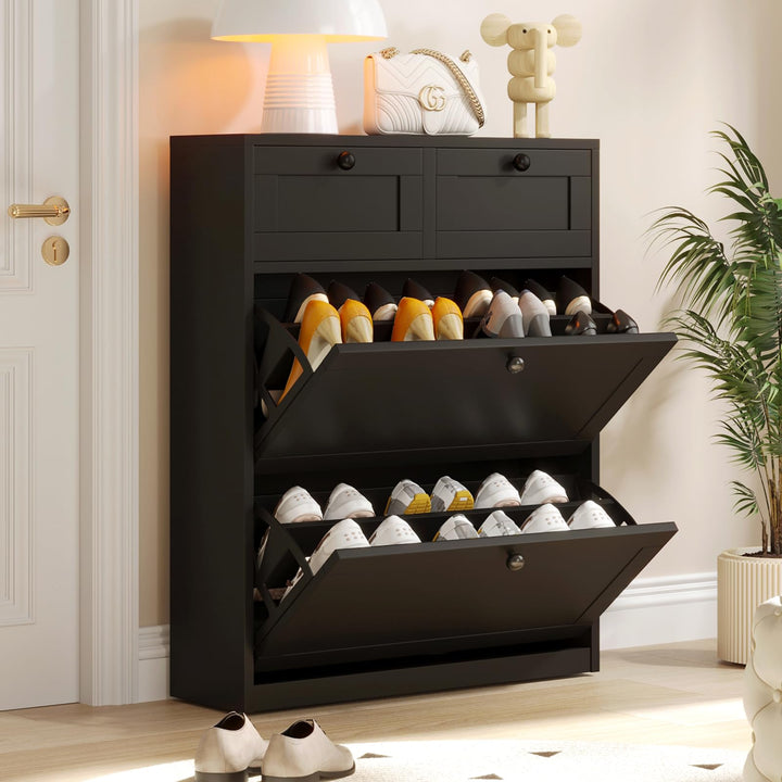 VOWNER Schuhschrank mit 2 Klappen, Schuhregal Schuhkipper Schmal, Schuhschrank Schwarz, Schuhablage