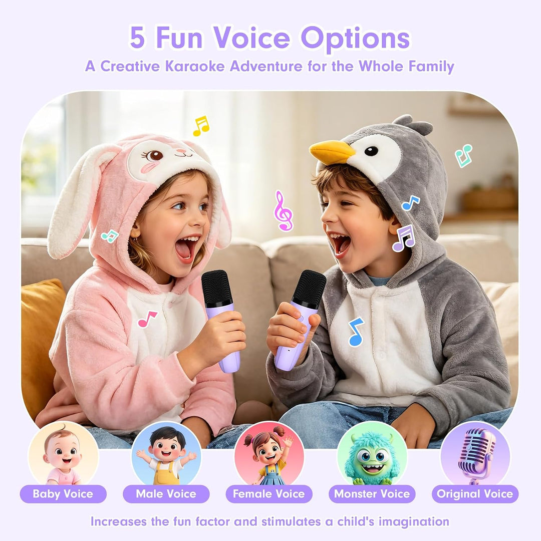 Karaoke Maschine mit 2 Bluetooth Mikrofonen für Kinder 3-8 Jahre | Tragbar, Sichere 85dB Lautstärke,