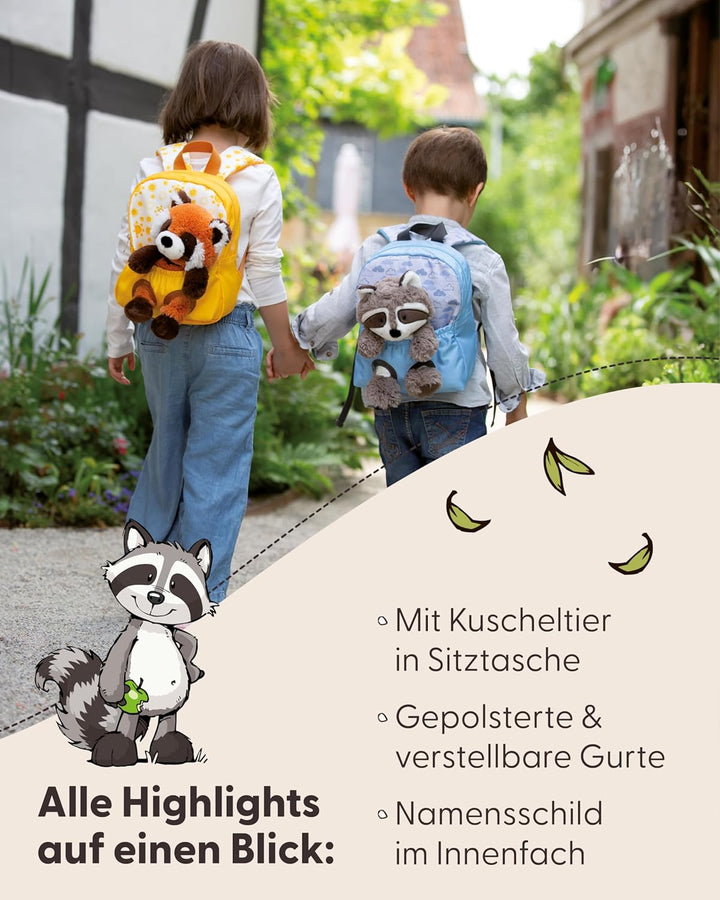 NICI Kinderrucksack gelb 2 in 1 mit Kuscheltier Waschbär 25cm - Kindergartenrucksack Mädchen & Junge
