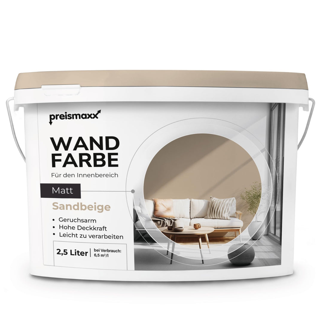 Preismaxx Profiweiss Wandfarbe Beige 2,5L, hohe Deckkraft, Dispersionsfarbe innen, Innenfarbe Sandbe