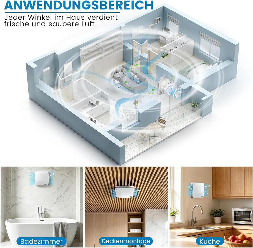 Badlüfter Ø100mm mit Nachlauf und Feuchtigkeitssensor Badezimmerlüfter mit Rückstauklappe Bad Lüfter
