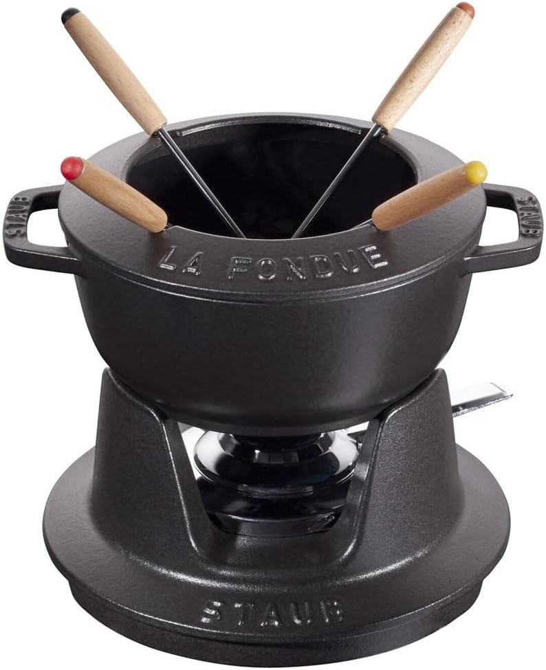 STAUB Fondue Set mit 4 Gabeln, Geeignet für Käse- Schoko- und Fleisch-Fondue, Gusseisen, 16 cm, Schw