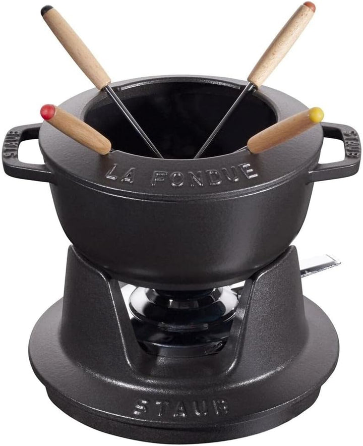 STAUB Fondue Set mit 4 Gabeln, Geeignet für Käse- Schoko- und Fleisch-Fondue, Gusseisen, 16 cm, Schw