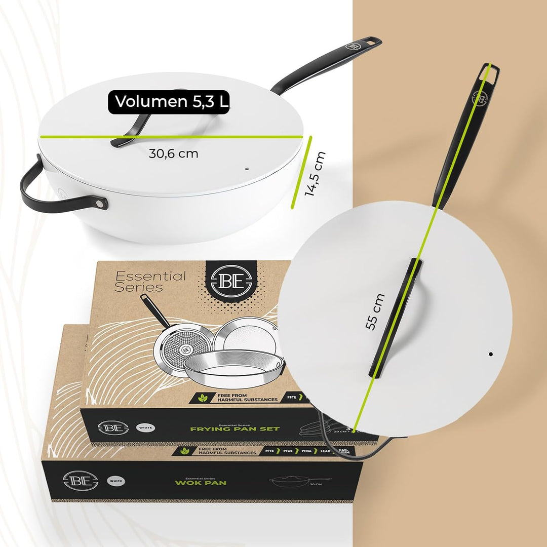 Be Living Essential Pfannenset 4-teilig, Bratpfanne 20/24/28 cm + Wokpfanne 30 cm mit Deckel, Non St