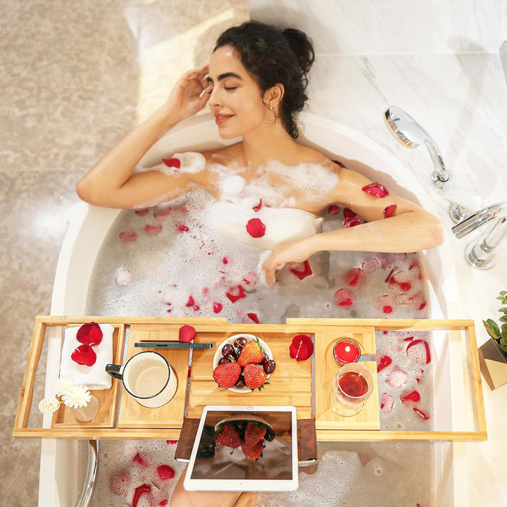 Bambus Badewannen Tablett, ausziehbare Badewannen Tablett für die Badewanne mit verbesserten Weinsch