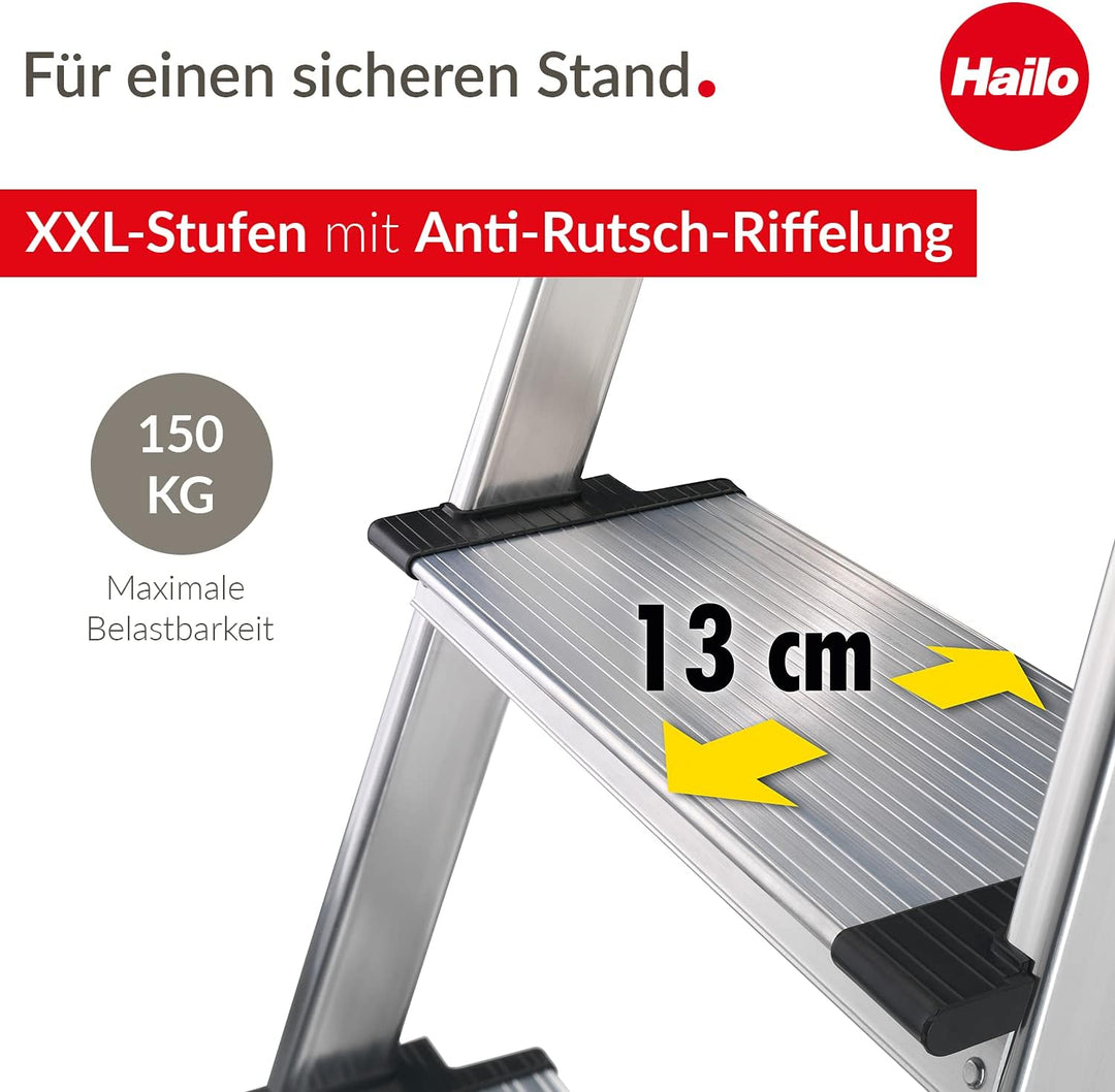 Hailo L75 ComfortLine Alu-Sicherheits-Stehleiter Jubiläumsmodell | 5 XXL-Stufen bis 150 kg | Stehlei