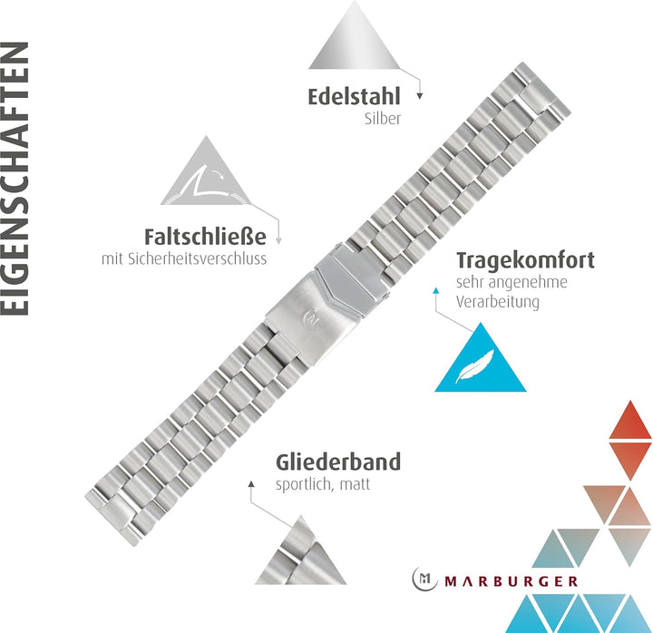 MARBURGER Uhrenarmband 22mm Edelstahl Silber - Werkzeug Montage Set 89508180020