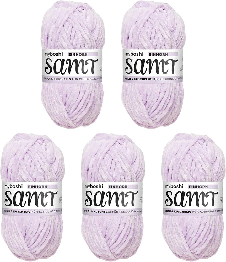 myboshi Samt, 100% Chenille-Garn, Flieder - Einhorn, 100g, 100m, 5 Knäuel, Wolle zum Häkeln und Stri