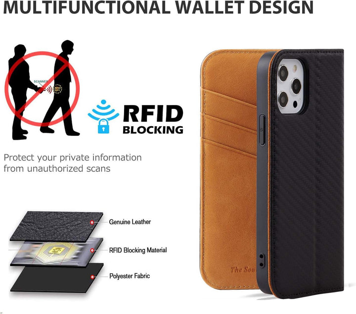 VISOUL iPhone 12 Pro Max Hülle, Handyhülle [Carbon Leder] [RFID Schutz] [Schützt vor Stoss] [Standfu