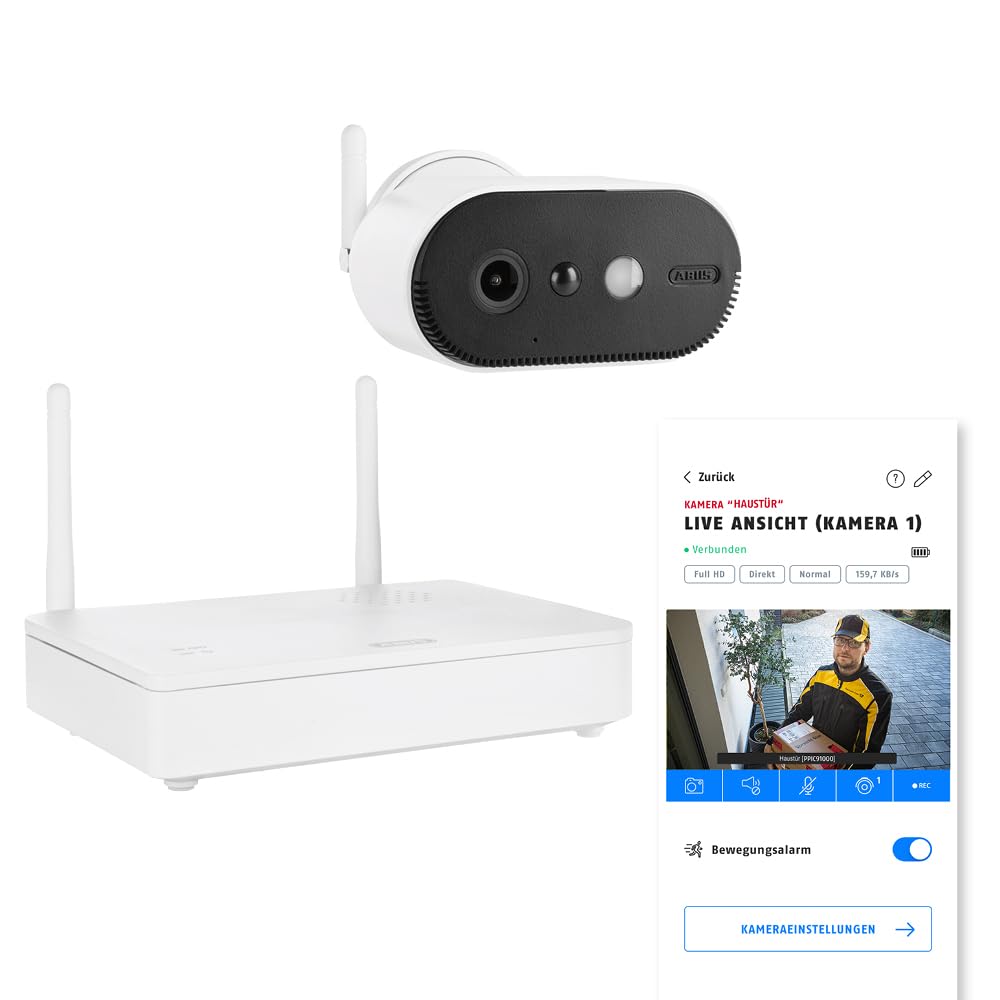 ABUS Akku-Kamera Pro mit Basisstation (PPIC91000) – Smarte kabellose Überwachungskamera mit Weisslic