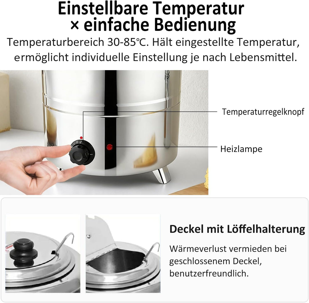 Kurflo Elektrischer Suppenwärmer 13L, Edelstahl, mit Temperaturregelung. Für Restaurant, Küche, Buff