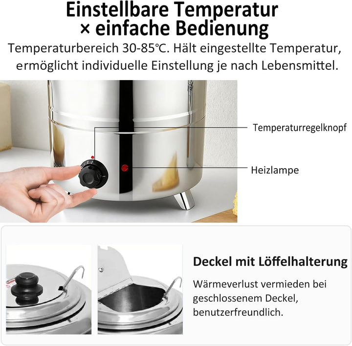 Kurflo Elektrischer Suppenwärmer 13L, Edelstahl, mit Temperaturregelung. Für Restaurant, Küche, Buff