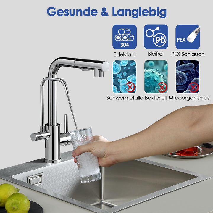 ROVOGO Chrom Wasserhahn Küche 3 Wege mit 2 Strahlarten Brause Ausziehbar, Hochdruck Küchenarmatur mi