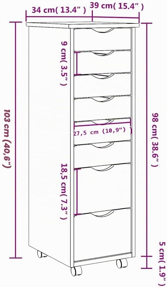 vidaXL Rollschrank mit Schubladen Moss Honigbraun Massivholz Kiefer Braun 34 x 39 x 103 cm, Braun 34