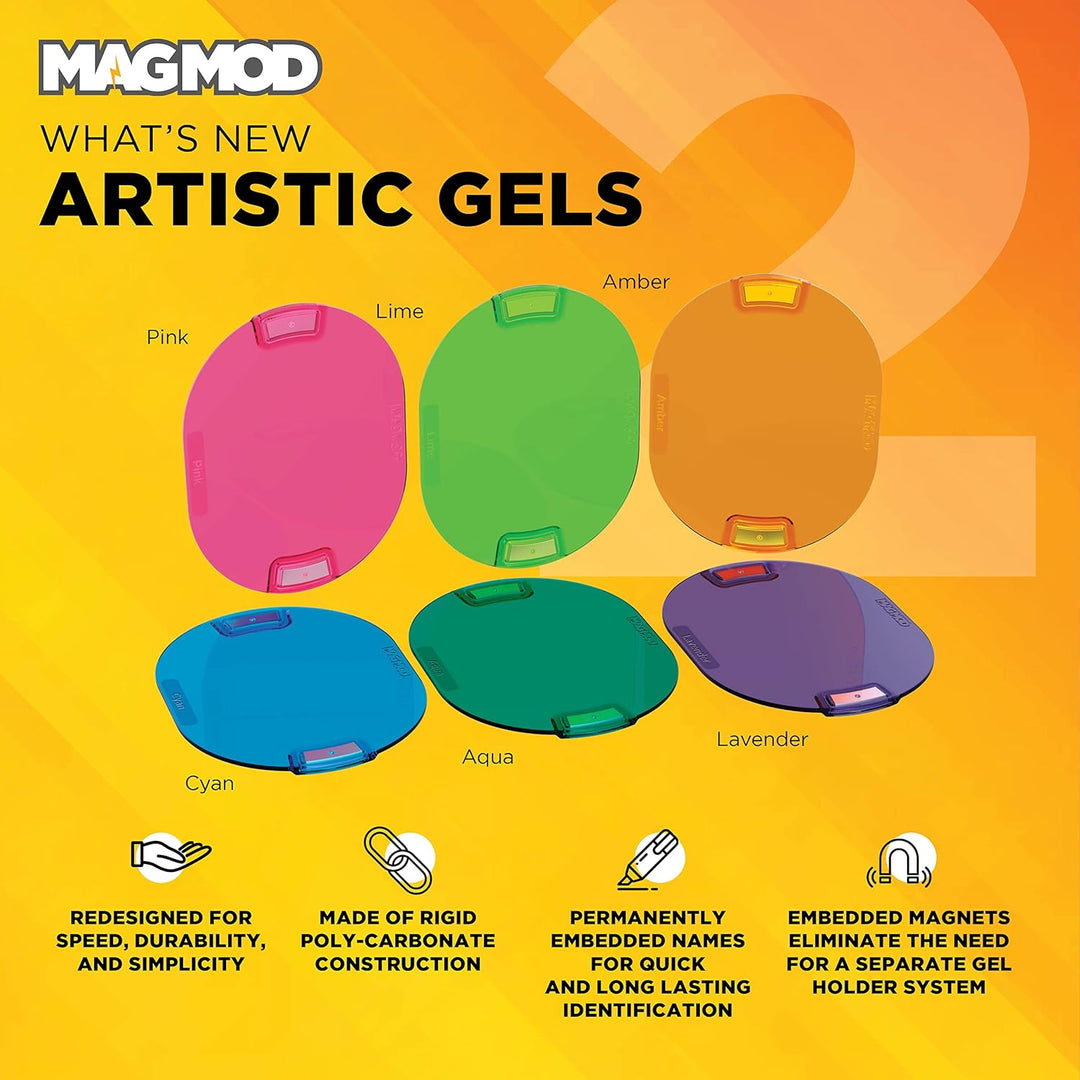 MagMod Pro Artistic Lighting Gels, 6 magnetische Blitz-Farbgele für Fotografie, Pink Amber Lime Aqua