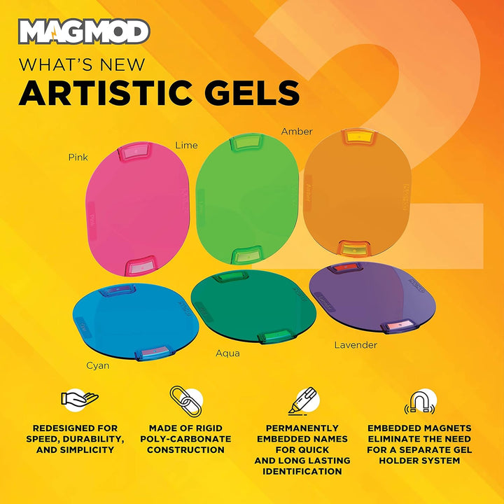 MagMod Pro Artistic Lighting Gels, 6 magnetische Blitz-Farbgele für Fotografie, Pink Amber Lime Aqua