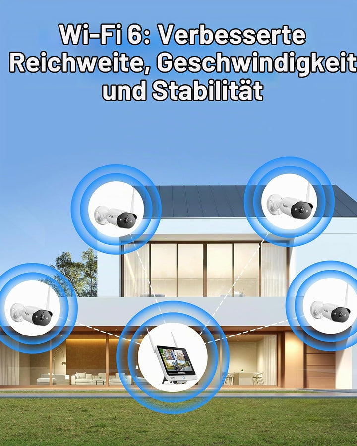 ZOSI 2K Wi-Fi 6 Überwachungskamera Set Aussen mit 12" Monitor-NVR, 500GB | 4x 3MP WLAN-Kameras mit 2