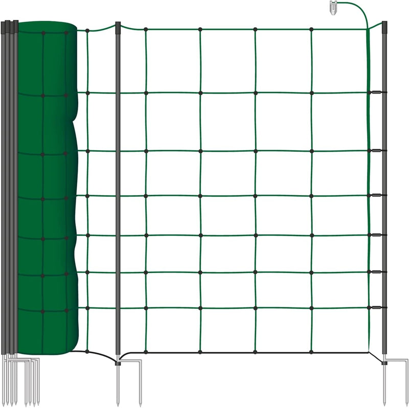 VOSS.farming Schafnetz Classic+ 50m 90cm Elektronetz 20 Pfähle 2 Spitzen grün, Weidezaunnetz Hundeza