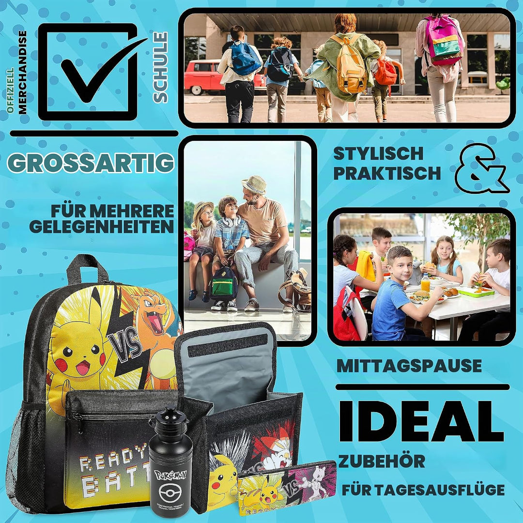 Pokemon Rucksack Kinder 4er Set Schulranzen Lunchbox Federmäppchen Wasserflasche 500ml Kinderrucksac