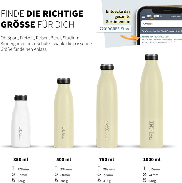720°DGREE Edelstahl Trinkflasche “milkyBottle” - 750ml - BPA-Frei, Auslaufsicher, Kohlensäure geeign