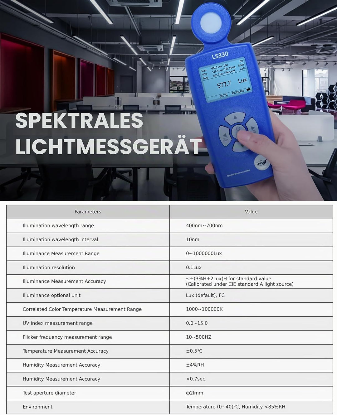 Lichtmessgerät Luxmeter, 0-1,000,000 Lux, CCT/CRI/UV/PPFD/μmol, Spektrales Beleuchtungsstärkemessger