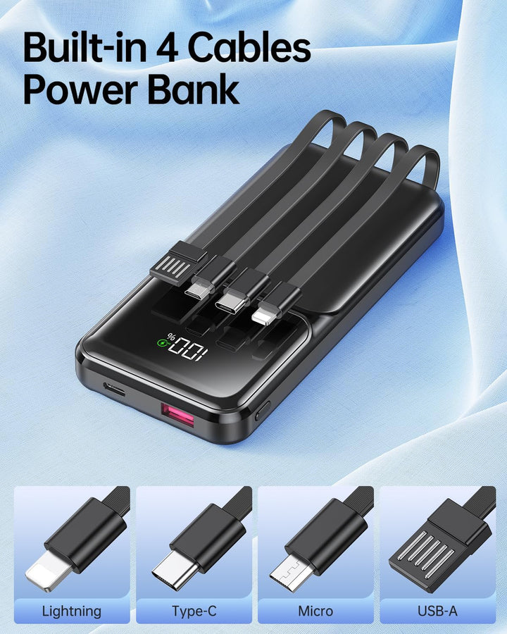 Power Bank 15000mAh mit 4 Kabeln, Powerbank 22,5W PD20W USB-C Schnelllade-Externe Handyakku, Tragbar