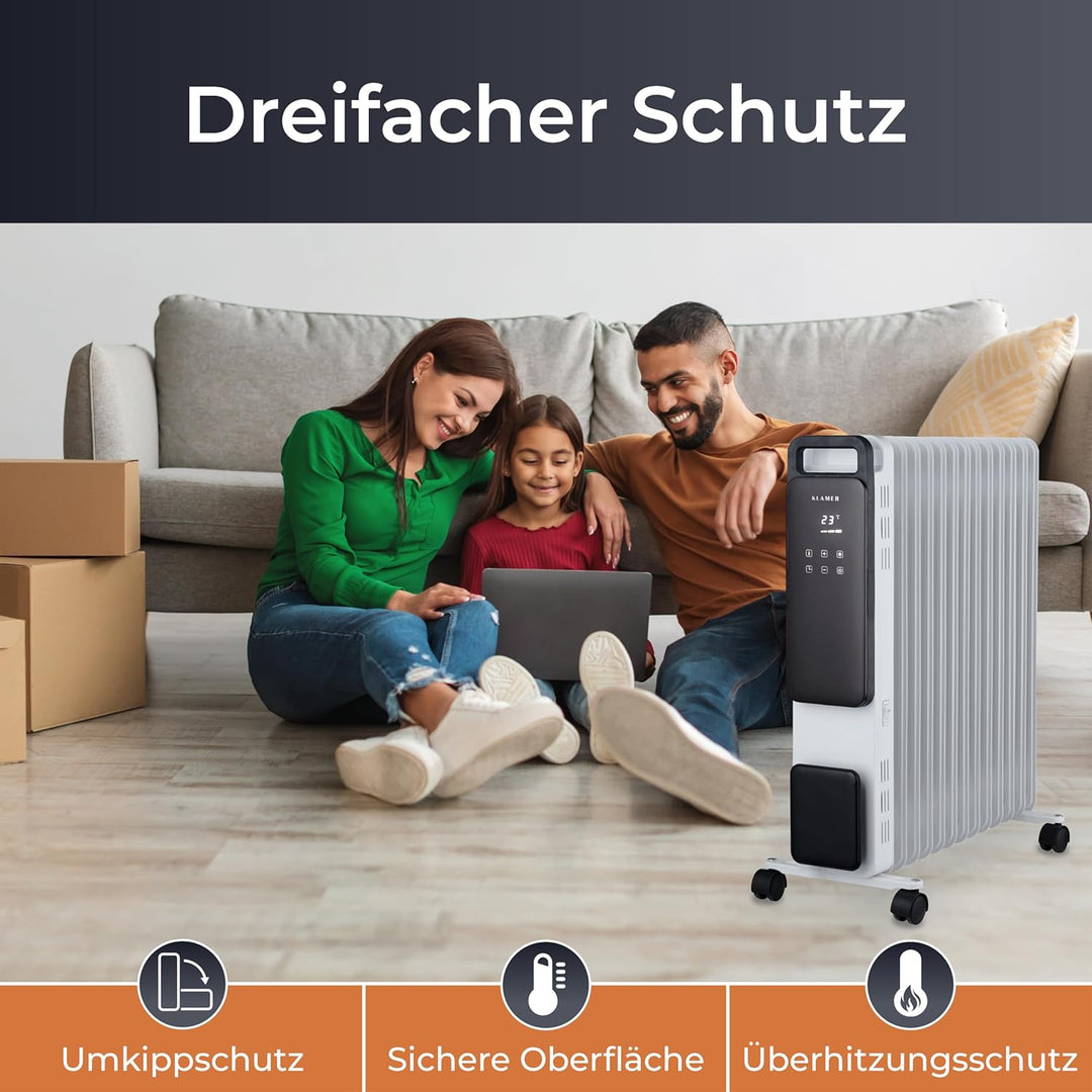 KLAMER Ölradiator 2500 W, Elektroheizung energiesparend, 13 Rippen, 3 Heizstufen mit Eco-Modus, 24h