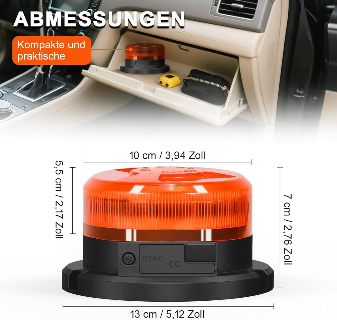 AnTom Rundumleuchte Akku mit Akkustandanzeige 9 Blitzmuster LED Rundumleuchte 12V Magnet Warnleuchte