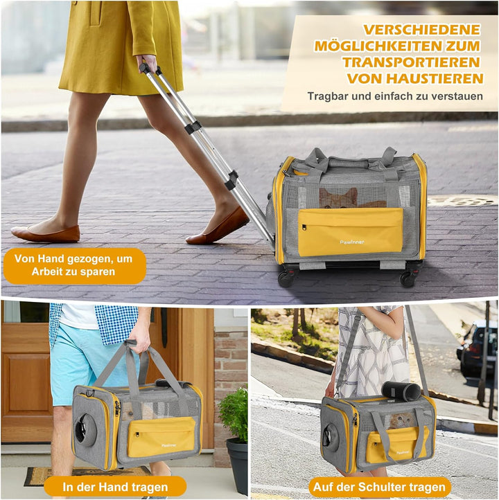 Pawinner Transportbox Katze Hunde mit Rollen, 45x33x33 cm Hundebox mit Trolley für Auto & Flugzeug,