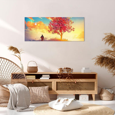 Wandbilder Dekoration Wohnzimmer Baum Wiese Feld Panorama Bilder auf Leinwand 120x50cm Leinwandbild