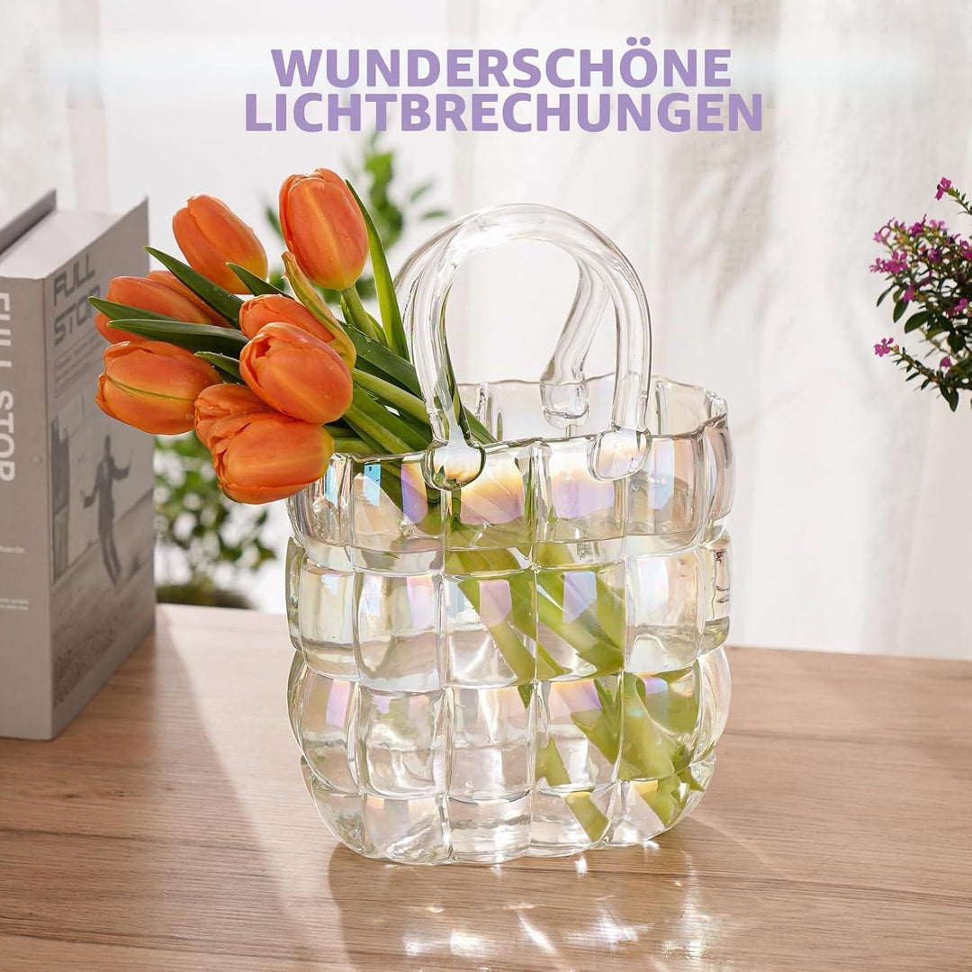 NiHome Glas-Geldbörsen-Vase, schillernde Glas-Taschen-Vase mit Griff, Handtaschen-Form, Vase für Blu