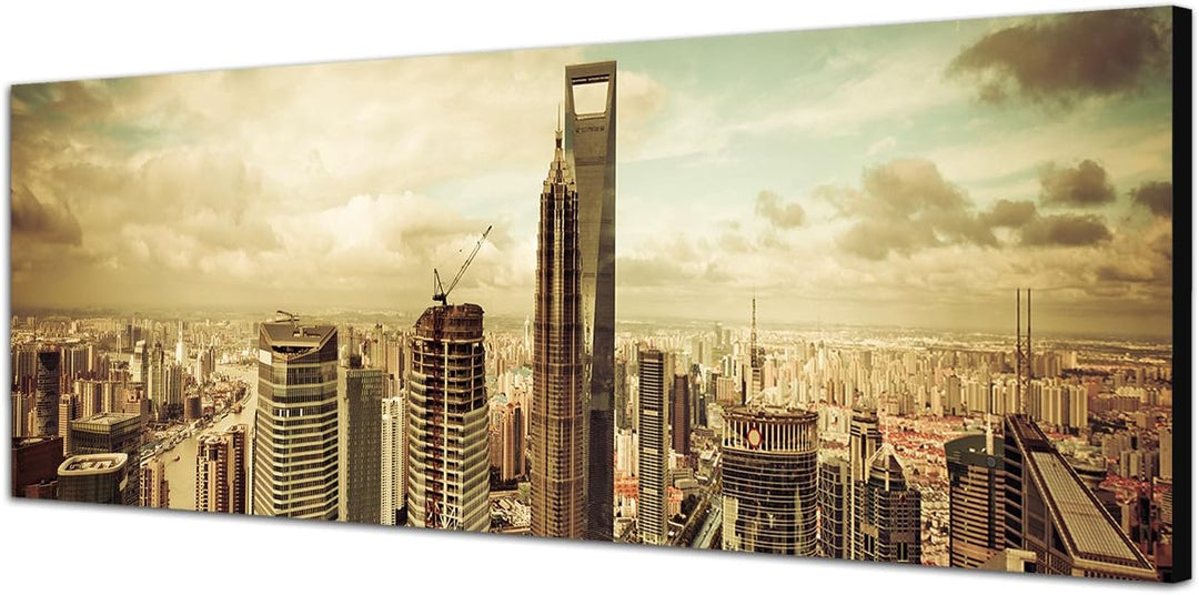 Paul Sinus Art Panoramabild auf Leinwand und Keilrahmen 120x40cm Shanghai Skyline Wolkenhimmel