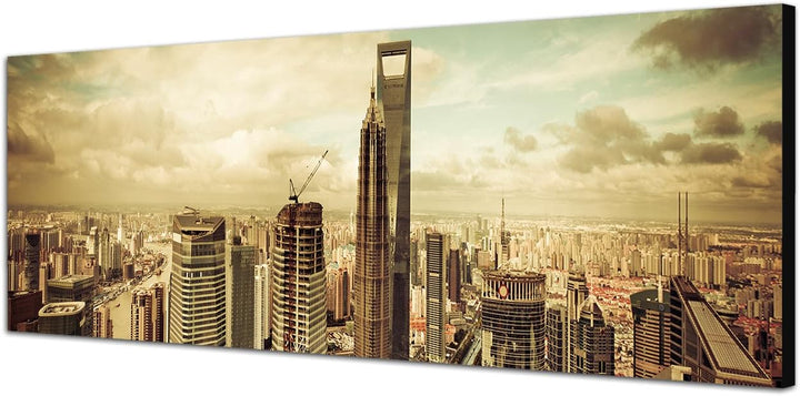 Paul Sinus Art Panoramabild auf Leinwand und Keilrahmen 120x40cm Shanghai Skyline Wolkenhimmel