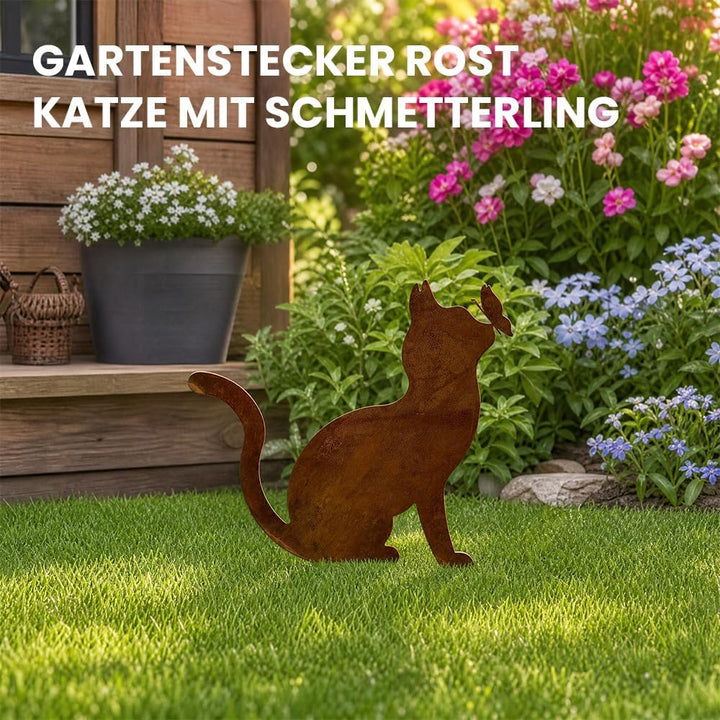 Gartenstecker Rost Katze mit Schmetterling, Gartenstecker Metall, Gartendeko Rost für Draussen, Edel