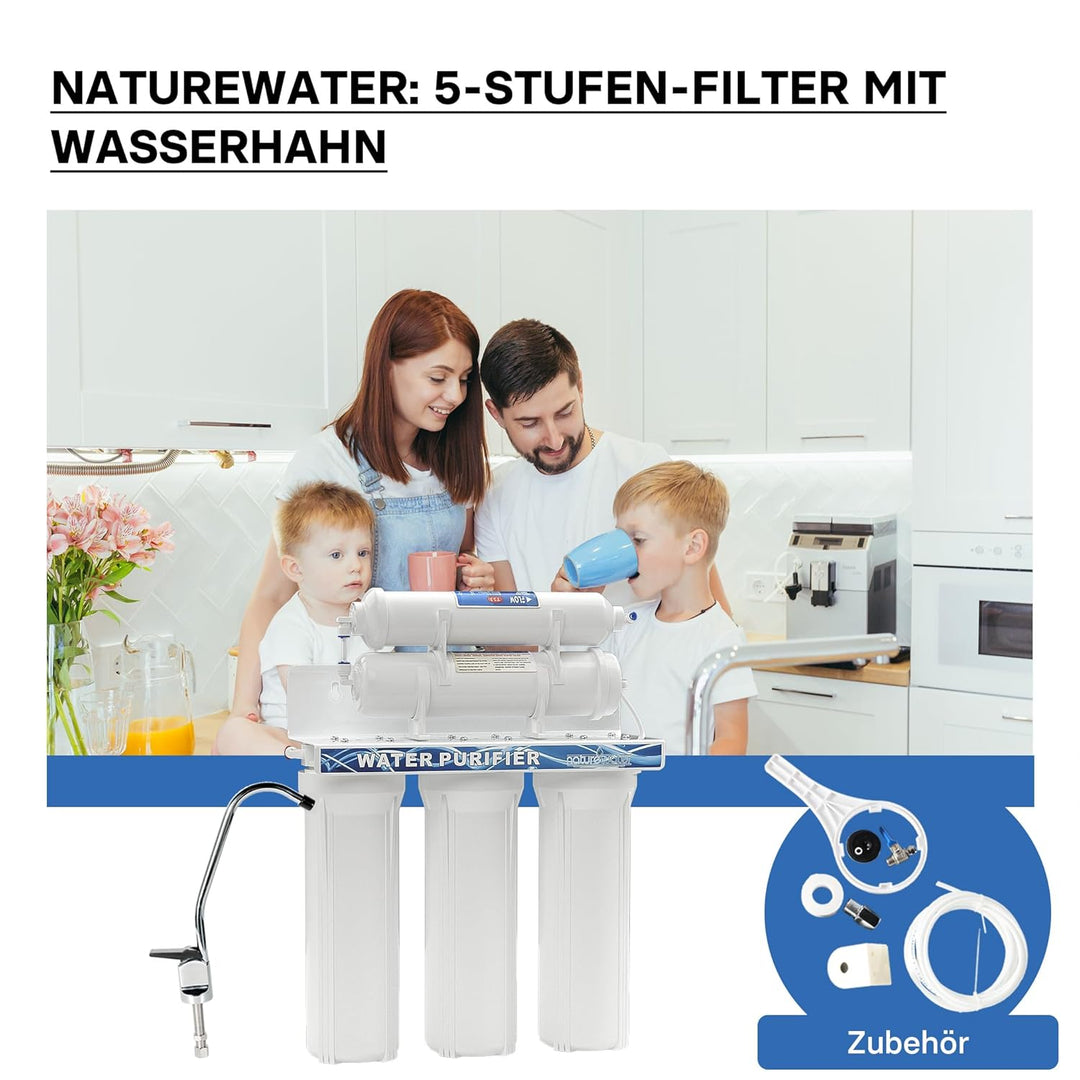 Naturewater NW-PR305 5-Stufenfilter mit Wasserhahn, 2,5m Schlauch, Kurzdreiwegeventil und Kugelhahn