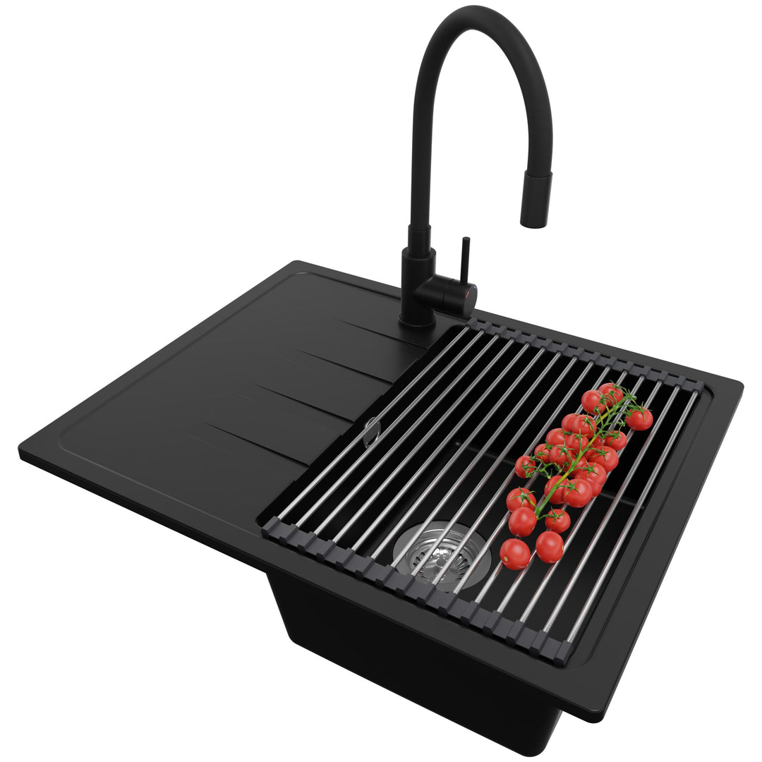 PRIMAGRAN Granitspüle Schwarz 62x50cm, Spülbecken 1 Becken + Küchenarmatur 40x38cm + Zuberhor-Set, K