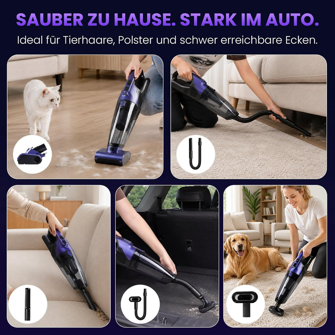 Tierhaar Handstaubsauger Akku 28000Pa mit Rotierende Bürstenrolle&amp;LED Licht | Stark Autostaubsauger