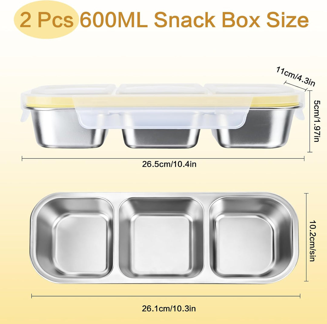 Snackbox mit Fächern, 2 Stück Edelstahl Snackbox Kinder mit 3 Fächern, BPA-frei Brotdose Kinder für